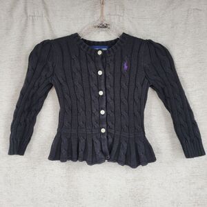 Ralph Lauren Girls Black Cable Knit Cardigan Sweater Peplum Hem Purple Logo